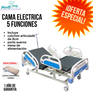 Cama electrica 5 funciones + colchon articulado +mesa de alimentacion + portasueros