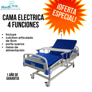 Cama hospitalaria electrica 4 funciones century medical + colchon ortopedico + mesa de alimentacion + porta sueros