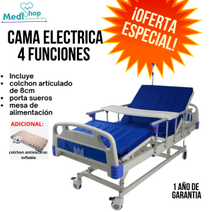 Cama hospitalaria electrica 4 funciones century medical + colchon ortopedico + mesa de alimentacion + colchon antiescaras