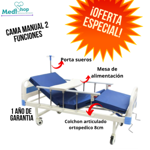 CAMA HOSPITALARIA MANUAL 2 FUNCIONES CENTURY MEDICAL + COLCHON ORTOPEDICO + PORTA SUEROS + MESA DE ALIMENTACION