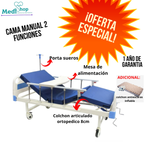 CAMA HOSPITALARIA MANUAL 2 FUNCIONES CENTURY MEDICAL + COLCHON ORTOPEDICO + PORTA SUEROS + MESA DE ALIMENTACION + COLCHON ANTIESCARAS