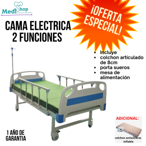 Cama hospitalaria electrica 2 funciones + colchon articulado + porta sueros + mesa de alimentacion + colchon antiescaras