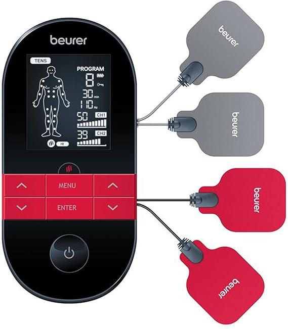 Beurer EM59 Unidad TENS digital 3 en 1, EMS y terapia de calor para alivio del dolor y relajación, estimulador muscular con 2 canales ajustables, 64 aplicaciones, función de temporizador